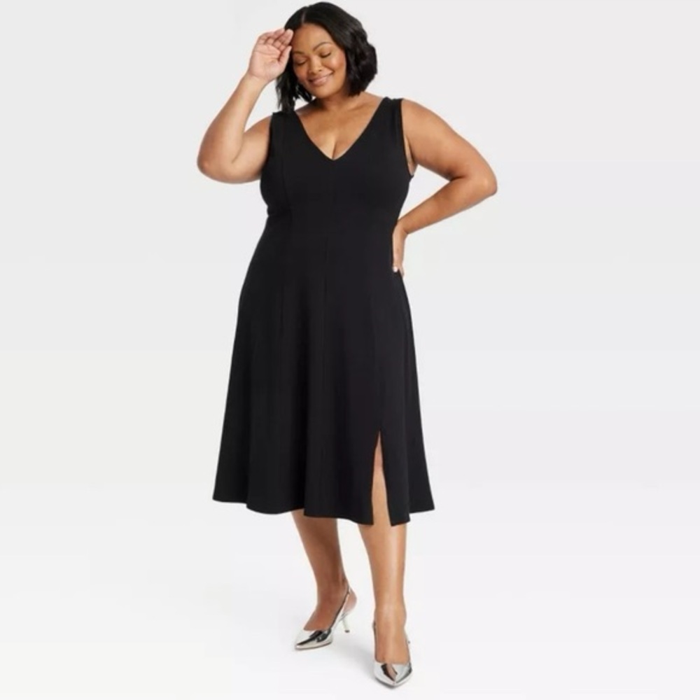 AVA & VIV Women's Midi Slit A-Line Dress Black Various Sizes | NWT